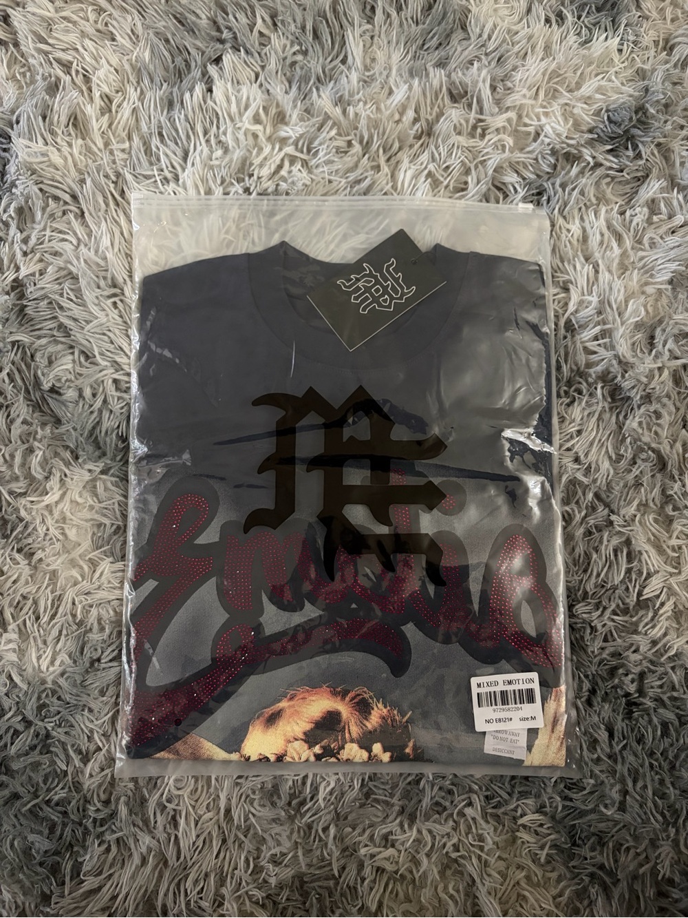 Men’s Gray Short Sleeve Graphic Tee with Mixed Script and Crest